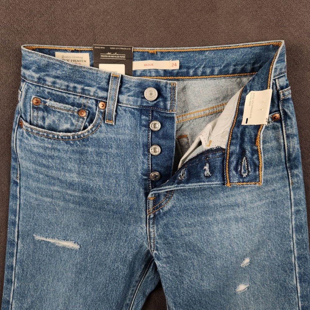 Levis Wedgie Jeans Womens 24 Blue Distressed High Rise Button Fly 22861-0107 NEW - Picture 4 of 13